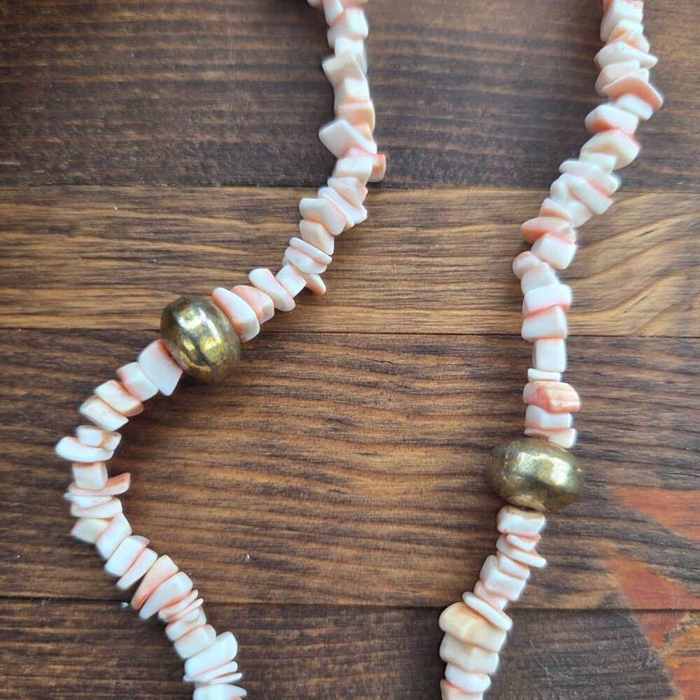 Vintage Pink Puka Shell Necklace 22" Brass Beads Barrel Clasp Boho Coastal